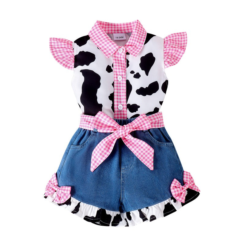 Wholesale Summer Cow Print Patchwork Plaid Baby Clothes